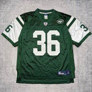 New York Jets Jersey Mens Large Green Jim Leonhard #36 NFL Reebok Onfield